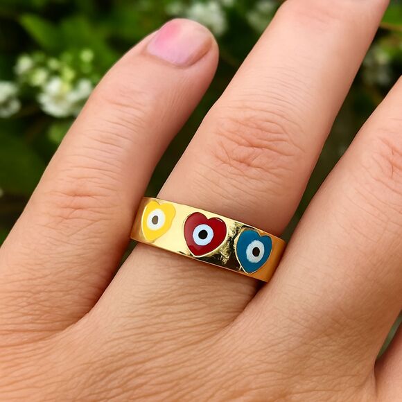 NEW Colorful Heart Design Evil Eye Protection Yellow Gold Plated Ring Size 6.5 - Picture 1 of 9